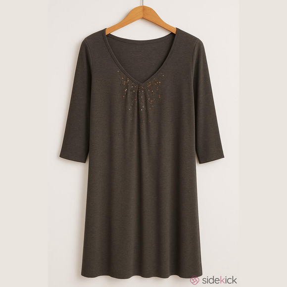 Eileen Fisher Dresses & Skirts - Eileen Fisher Charcoal Gray 3/4 Sleeve V-Neck Jersey Dress with Bronze Beads